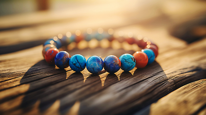 JPG 편집이미지 장신구 팔찌 그림자 사람없음 빨간색 파란색 햇빛 보석 오브젝트 비즈 옥 나무탁자 편집실사 AI포토 AI콘텐츠 컬러 탁자 태양 광석 CG 파일형식