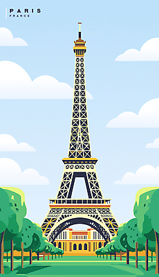 나무 구름 공원 해외여행 일러스트 하늘 풍경 사람없음 건물 초록색 에펠탑 파리_프랑스 랜드마크 국내일러스트 AI파일 자연요소 식물 해외 건축물 공공시설 컬러 여행 프랑스 파리 파일형식 벡터