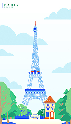 나무 구름 공원 해외여행 일러스트 하늘 풍경 사람없음 건물 파란색 에펠탑 파리_프랑스 랜드마크 국내일러스트 AI파일 자연요소 식물 해외 건축물 공공시설 컬러 여행 프랑스 파리 파일형식 벡터
