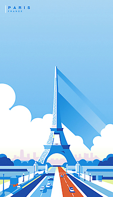 구름 해외여행 가로등 일러스트 자동차 하늘 풍경 사람없음 파란색 차도 에펠탑 파리_프랑스 랜드마크 국내일러스트 AI파일 자연요소 해외 공공시설 도로 육상교통 컬러 여행 프랑스 파리 파일형식 벡터