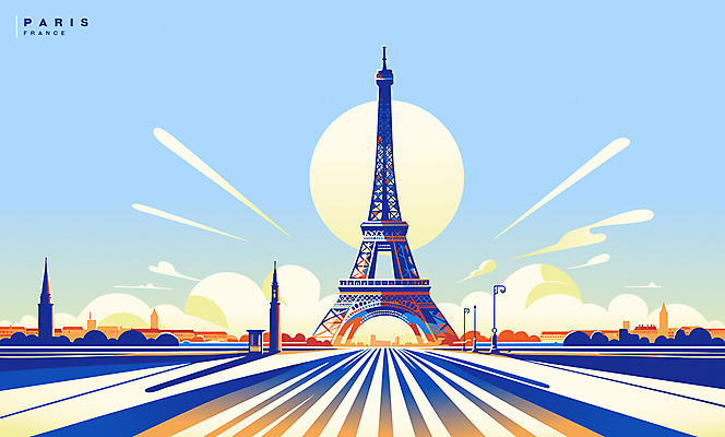 구름 해외여행 가로등 일러스트 하늘 풍경 사람없음 파란색 차도 달 에펠탑 파리_프랑스 랜드마크 국내일러스트 AI파일 자연요소 해외 공공시설 도로 컬러 여행 프랑스 파리 파일형식 벡터