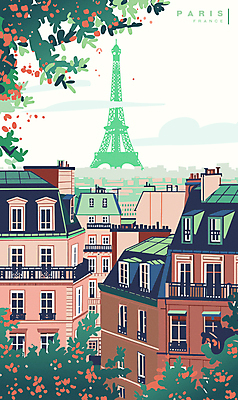 나무 구름 꽃 해외여행 일러스트 하늘 주택 풍경 사람없음 초록색 에펠탑 파리_프랑스 랜드마크 국내일러스트 AI파일 자연요소 식물 해외 컬러 여행 건물 프랑스 파리 파일형식 벡터