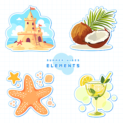 구름 바다 스티커 일러스트 하늘 나뭇잎 불가사리 빨대 사람없음 물 여름 조개껍데기 레몬 허브 오브젝트 라임 코코넛 모래성 모히토 엘리먼트 국내일러스트 AI파일 자연요소 식물 계절 모래 잎 과일 조개 극피동물 칵테일 파일형식 벡터