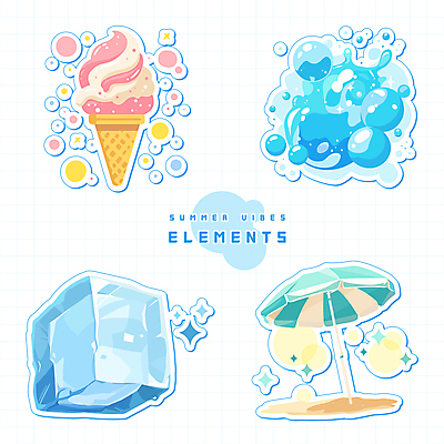 모래 스티커 일러스트 사람없음 물 여름 반짝임 햇빛 얼음 물방울 파라솔 오브젝트 콘아이스크림 엘리먼트 국내일러스트 AI파일 자연요소 계절 모션 아이스크림 태양 파일형식 벡터