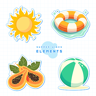 스티커 잎 일러스트 사람없음 물 여름 반짝임 태양 비치볼 오브젝트 열대과일 튜브 엘리먼트 파파야 국내일러스트 AI파일 자연요소 식물 계절 과일 공 모션 바캉스용품 파일형식 벡터