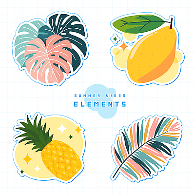 스티커 일러스트 사람없음 여름 반짝임 파인애플 오브젝트 망고 야자수잎 몬스테라 엘리먼트 열대잎 국내일러스트 AI파일 식물 계절 잎 과일 모션 열대과일 파일형식 벡터