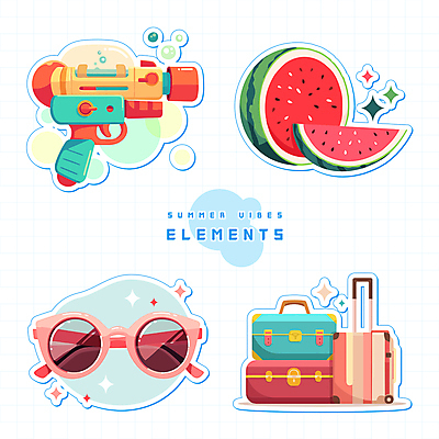 스티커 일러스트 수박 사람없음 여름 반짝임 선글라스 장난감 캐리어 짐 물방울 오브젝트 물총 엘리먼트 국내일러스트 AI파일 계절 안경 과일 모션 여행가방 파일형식 벡터