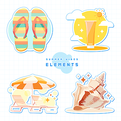 구름 스티커 일러스트 사람없음 여름 반짝임 햇빛 태양 파라솔 조개껍데기 소라 쪼리 선크림 오브젝트 선베드 고둥 엘리먼트 국내일러스트 AI파일 자연요소 계절 의자 모션 조개 어패류 화장품 샌들 파일형식 벡터