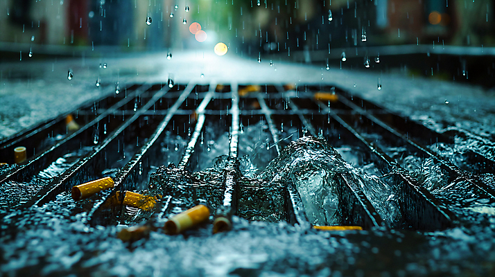 JPG 편집이미지 사람없음 물 장마 담배꽁초 빗물 하수구 막힘 편집실사 AI포토 AI콘텐츠 자연요소 시설물 담배 비_날씨 CG 파일형식