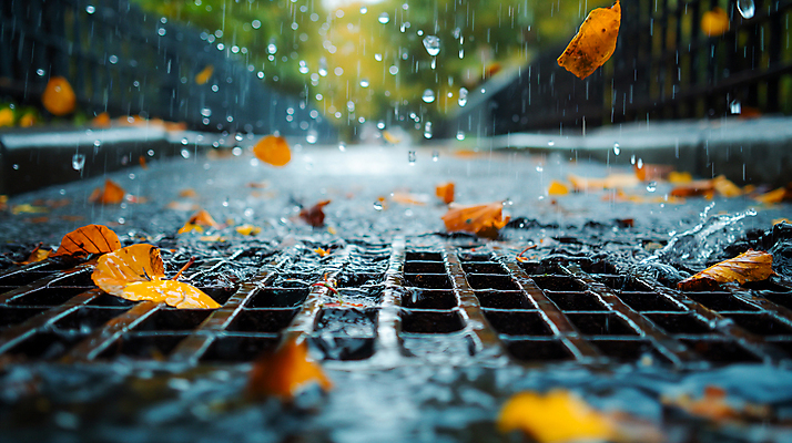 JPG 편집이미지 낙엽 사람없음 물 장마 빗물 하수구 막힘 편집실사 AI포토 AI콘텐츠 자연요소 시설물 잎 비_날씨 CG 파일형식