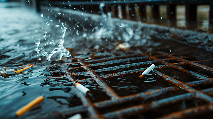 JPG 편집이미지 사람없음 물 장마 담배꽁초 빗물 하수구 막힘 편집실사 AI포토 AI콘텐츠 자연요소 시설물 담배 비_날씨 CG 파일형식