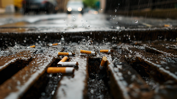 JPG 편집이미지 사람없음 물 장마 담배꽁초 빗물 하수구 막힘 편집실사 AI포토 AI콘텐츠 자연요소 시설물 담배 비_날씨 CG 파일형식