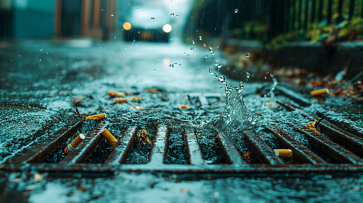 JPG 편집이미지 사람없음 물 장마 담배꽁초 빗물 하수구 막힘 편집실사 AI포토 AI콘텐츠 자연요소 시설물 담배 비_날씨 CG 파일형식