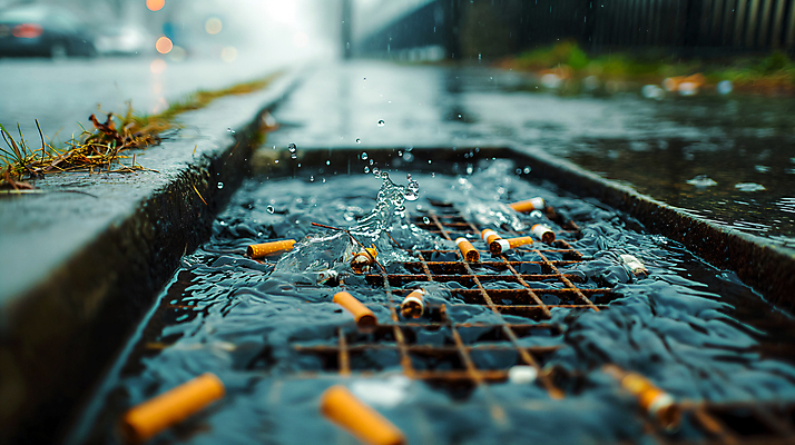 JPG 편집이미지 사람없음 물 장마 담배꽁초 빗물 하수구 막힘 편집실사 AI포토 AI콘텐츠 자연요소 시설물 담배 비_날씨 CG 파일형식