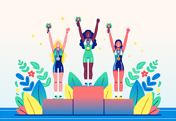 전신 여자 꽃 스포츠 잎 일러스트 하계올림픽 운동선수 미소 성인 세명 여름 글로벌 만세 우승 수상_상을받음 금메달 다인종 순위 2위 3위 동메달 시상대 시상식 은메달 포디움 성인여자만 국내일러스트 AI파일 식물 계절 올림픽 모션 표정 사람 인종 무대 최고 메달 여자만 성인만 파일형식 벡터