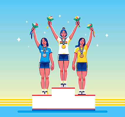 전신 여자 스포츠 일러스트 하계올림픽 운동선수 윙크 미소 성인 세명 여름 반짝임 손들기 만세 우승 수상_상을받음 금메달 순위 2위 3위 동메달 시상대 시상식 은메달 포디움 성인여자만 국내일러스트 AI파일 계절 올림픽 모션 표정 사람 무대 최고 메달 여자만 성인만 파일형식 벡터