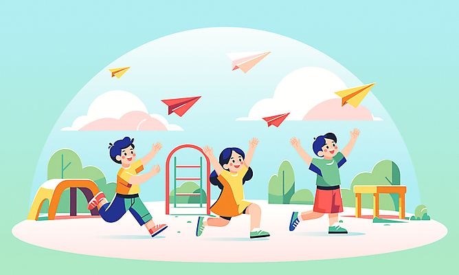 전신 구름 여자 남자 어린이 일러스트 소녀 소년 세명 친구 달리기 만세 놀이기구 놀이터 종이비행기 즐거움 어린이만 국내일러스트 AI파일 자연요소 감정 관계 모션 놀이 사람 종이접기 파일형식 벡터