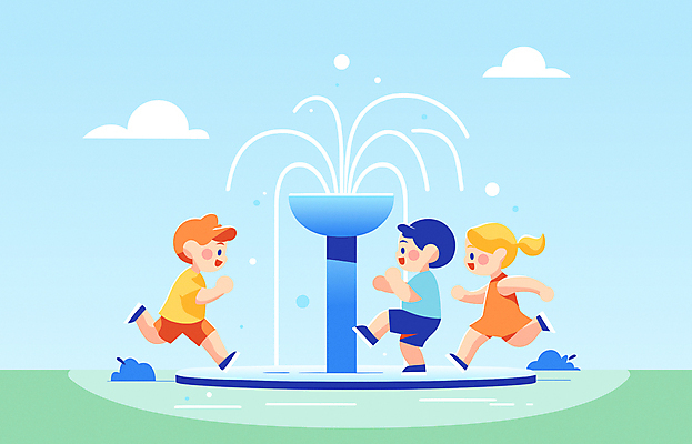 전신 구름 여자 남자 어린이 일러스트 물놀이 소녀 소년 세명 물 여름 파란색 친구 달리기 더위 놀이터 시원함 즐거움 분수대 어린이만 국내일러스트 AI파일 자연요소 계절 감정 컬러 관계 모션 놀이 날씨 사람 파일형식 벡터