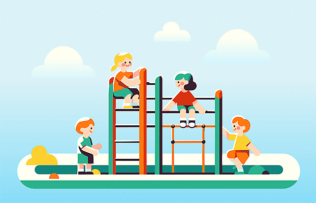 전신 구름 여자 남자 어린이 일러스트 앉기 소녀 소년 여러명 초록색 친구 놀이터 즐거움 오르기 철봉 놀기 정글짐 어린이만 국내일러스트 AI파일 자연요소 감정 컬러 다수 관계 모션 놀이 사람 놀이기구 파일형식 벡터