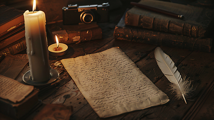 JPG 편집이미지 종이 초 캘리그라피 불꽃 사람없음 책 카메라 빈티지 분위기 편지 디지털합성 오브젝트 구김 깃펜 카피스페이스 편집실사 AI포토 AI콘텐츠 컨셉 모션 불 전자제품 공백 CG 파일형식