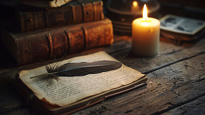 JPG 편집이미지 종이 초 캘리그라피 불꽃 사람없음 책 빈티지 분위기 편지 디지털합성 오브젝트 구김 깃펜 나무책상 카피스페이스 편집실사 AI포토 AI콘텐츠 컨셉 모션 불 목재 공백 책상 CG 파일형식