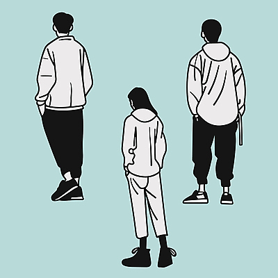 전신 여자 패션 남자 실루엣 포즈 일러스트 서기 사람 성인 일상 라이프 세명 편안함 주머니손 성인만 국내일러스트 AI파일 모션 촬영기법 생활 감각 파일형식 벡터