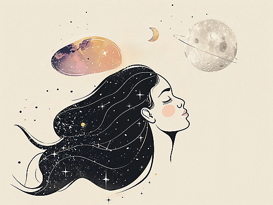 PSD 여자 일러스트 상상 한명 사람 상반신 성인 반짝임 우주 눈감음 행성 달 신비 질감 은하 성인여자한명만 국내일러스트 자연요소 1 컨셉 모션 여자한명만 성인여자만 파일형식