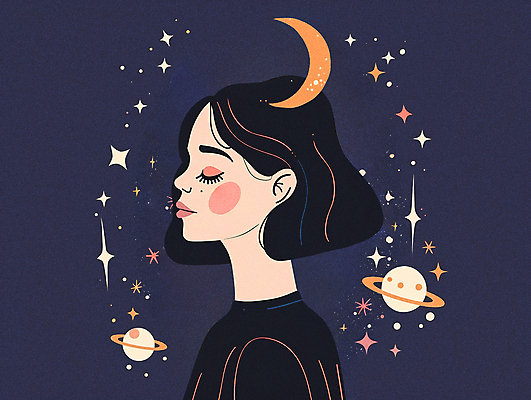 PSD 여자 일러스트 상상 한명 사람 상반신 성인 반짝임 우주 눈감음 행성 달 신비 질감 은하 성인여자한명만 국내일러스트 자연요소 1 컨셉 모션 여자한명만 성인여자만 파일형식