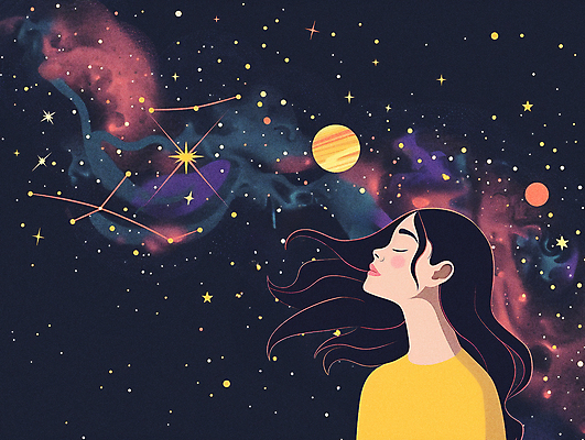 PSD 여자 일러스트 상상 한명 사람 상반신 성인 반짝임 우주 눈감음 행성 신비 질감 은하 성인여자한명만 국내일러스트 1 컨셉 모션 여자한명만 성인여자만 파일형식