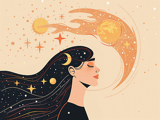 PSD 여자 일러스트 상상 한명 사람 상반신 성인 반짝임 태양 우주 눈감음 행성 달 신비 질감 은하 성인여자한명만 국내일러스트 자연요소 1 컨셉 모션 여자한명만 성인여자만 파일형식
