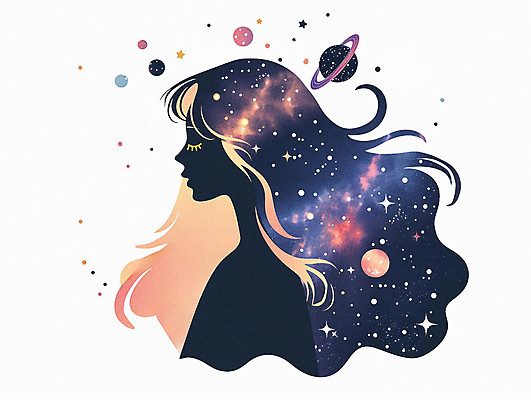 PSD 여자 별 일러스트 상상 한명 사람 상반신 성인 반짝임 우주 눈감음 행성 신비 질감 은하 성인여자한명만 국내일러스트 자연요소 1 컨셉 모션 여자한명만 성인여자만 파일형식