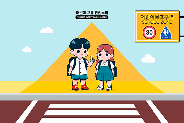 전신 구름 여자 남자 어린이 교통 일러스트 하늘 손짓 소녀 소년 두명 횡단보도 신호등 교통안전 안전교육 어린이보호구역 어린이안전 어린이만 국내일러스트 AI파일 자연요소 교육 모션 안전 사람 보행로 보호구역 파일형식 벡터