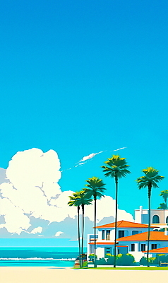 JPG 구름 포스터 파도 일러스트 하늘 휴식 주택 해변 사람없음 그래픽 여름휴가 모래사장 야자수 여름풍경 별장 휴양지 캘리포니아 국내일러스트 AI일러스트 AI콘텐츠 자연요소 나무 바다 컨셉 휴가 풍경 건물 미국 장소 파일형식 여름_계절