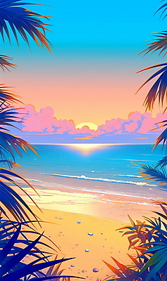 JPG 구름 포스터 파도 일러스트 하늘 휴식 해변 사람없음 그래픽 여름휴가 모래사장 노을 여름풍경 휴양지 캘리포니아 열대잎 국내일러스트 AI일러스트 AI콘텐츠 자연요소 바다 컨셉 잎 휴가 풍경 미국 장소 파일형식 여름_계절