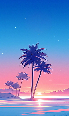 JPG 구름 배너 파도 일러스트 하늘 휴식 해변 사람없음 그래픽 여름휴가 모래사장 야자수 노을 여름풍경 휴양지 캘리포니아 국내일러스트 AI일러스트 AI콘텐츠 자연요소 나무 바다 컨셉 휴가 풍경 미국 장소 파일형식 여름_계절