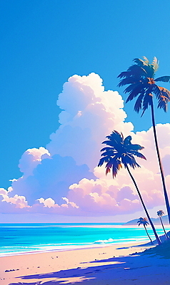 JPG 구름 포스터 파도 일러스트 하늘 휴식 해변 사람없음 그래픽 여름휴가 모래사장 야자수 여름풍경 휴양지 캘리포니아 국내일러스트 AI일러스트 AI콘텐츠 자연요소 나무 바다 컨셉 휴가 풍경 미국 장소 파일형식 여름_계절