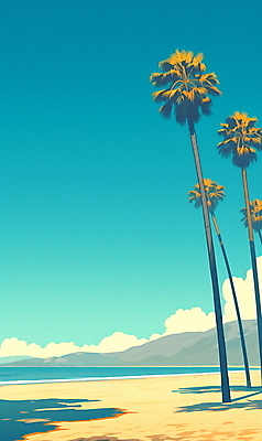 JPG 구름 포스터 일러스트 하늘 휴식 해변 사람없음 그래픽 여름휴가 모래사장 야자수 여름풍경 휴양지 캘리포니아 국내일러스트 AI일러스트 AI콘텐츠 자연요소 나무 바다 컨셉 휴가 풍경 미국 장소 파일형식 여름_계절