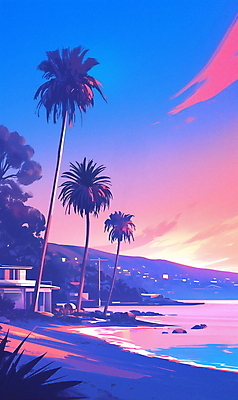JPG 구름 포스터 파도 일러스트 하늘 휴식 해변 사람없음 건물 그래픽 여름휴가 모래사장 야자수 노을 여름풍경 휴양지 캘리포니아 국내일러스트 AI일러스트 AI콘텐츠 자연요소 나무 건축물 바다 컨셉 휴가 풍경 미국 장소 파일형식 여름_계절