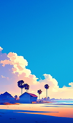 JPG 구름 포스터 일러스트 하늘 휴식 주택 해변 사람없음 그래픽 여름휴가 모래사장 야자수 노을 여름풍경 별장 휴양지 캘리포니아 국내일러스트 AI일러스트 AI콘텐츠 자연요소 나무 바다 컨셉 휴가 풍경 건물 미국 장소 파일형식 여름_계절