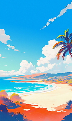 JPG 구름 포스터 파도 일러스트 하늘 휴식 해변 사람없음 그래픽 여름휴가 모래사장 야자수 여름풍경 휴양지 캘리포니아 국내일러스트 AI일러스트 AI콘텐츠 자연요소 나무 바다 컨셉 휴가 풍경 미국 장소 파일형식 여름_계절