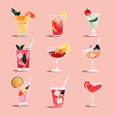 일러스트 잔 빨대 사람없음 세트 칵테일 레몬 자몽 올리브 칵테일잔 슬라이스 라임 국내일러스트 AI파일 식기 열매 술잔 과일 주류 파일형식 벡터