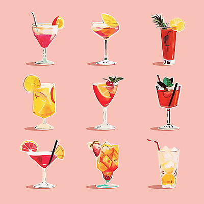 일러스트 잔 빨대 사람없음 세트 칵테일 레몬 민트 자몽 칵테일잔 로즈메리 국내일러스트 AI파일 식기 술잔 과일 주류 허브 파일형식 벡터