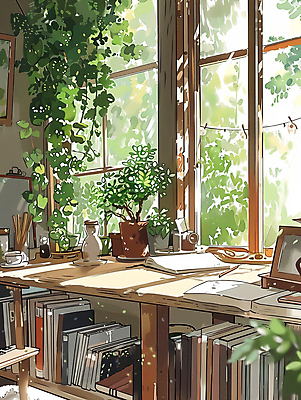 JPG 화분 화초 일러스트 창문 나뭇잎 책장 사람없음 책 여름 햇빛 공간 국내일러스트 AI일러스트 AI콘텐츠 식물 계절 가구 잎 태양 파일형식