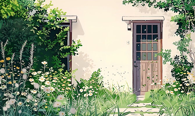 JPG 나무 꽃 일러스트 사람없음 건물 여름 햇빛 문 공간 풀 국내일러스트 AI일러스트 AI콘텐츠 식물 건축물 계절 태양 파일형식