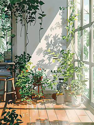 JPG 화초 의자 일러스트 창문 그림자 사람없음 책 여름 햇빛 쌓기 공간 국내일러스트 AI일러스트 AI콘텐츠 식물 계절 가구 모션 태양 파일형식