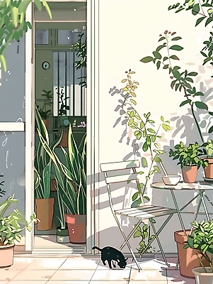 JPG 나무 한마리 화분 화초 의자 일러스트 사람없음 여름 햇빛 문 고양이 공간 국내일러스트 AI일러스트 AI콘텐츠 식물 1 계절 가구 포유류 반려동물 태양 파일형식