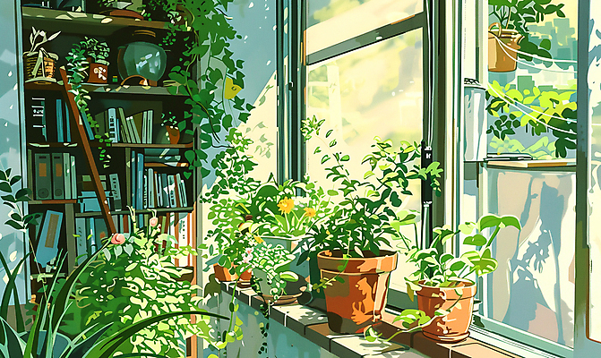 JPG 꽃 화분 화초 일러스트 창문 책장 사람없음 책 여름 햇빛 공간 창가 국내일러스트 AI일러스트 AI콘텐츠 식물 계절 가구 태양 파일형식