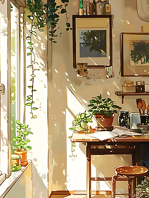 JPG 화초 액자 잎 의자 일러스트 창문 사람없음 책 여름 햇빛 공간 책상 국내일러스트 AI일러스트 AI콘텐츠 식물 계절 가구 태양 파일형식