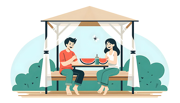 JPG 여자 남자 일러스트 수박 앉기 성인 두명 여름 해충 먹기 디지털합성 평상 모기 모기장 퇴치 성인만 편집소스 국내일러스트 AI일러스트 AI콘텐츠 계절 컨셉 과일 모션 사람 벌레 파일형식