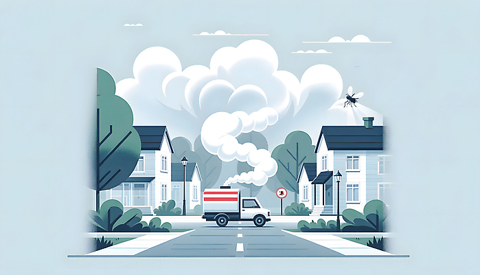 JPG 도로 일러스트 주택 사람없음 여름 살충 연기 해충 디지털합성 예방 주택가 모기 방역 소독 퇴치 보건 편집소스 소독차 국내일러스트 AI일러스트 AI콘텐츠 계절 길 컨셉 의학 교통시설 자동차 건물 벌레 파일형식